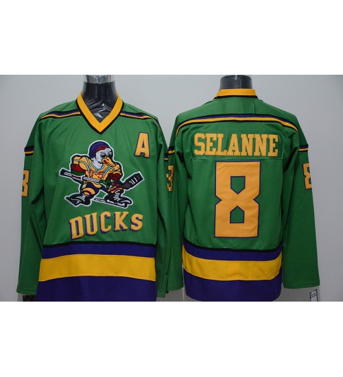 Custom Anaheim Mighty Ducks 8 Teemu Selanne Movie Hockey Jersey Green A Patch